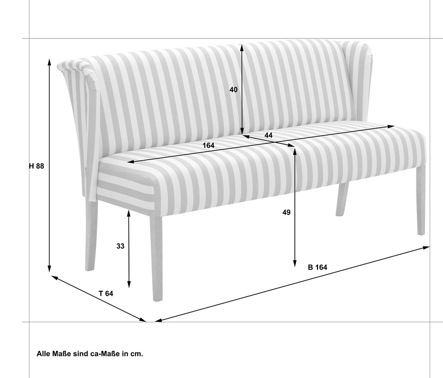 Abbildung einer Polsterbank »Hendrick« in Greige-Weiß gestreift mit Maßangaben.