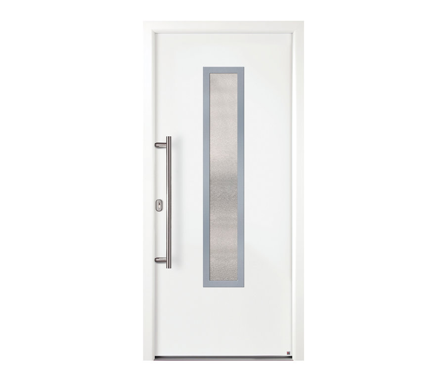 Weiße KM Meeth Aluminium-Haustür »A629-3D-S2« mit Griff und rechteckigem Fenster.