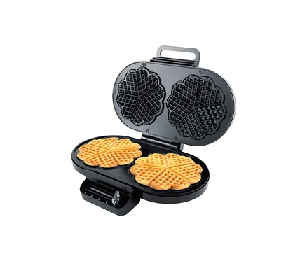 Geöffnetes Steba-Doppel-Waffeleisen »WE 2« mit gebackenen, herzförmigen Waffeln.