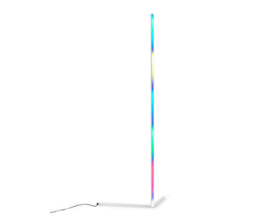 Eine weiße Eck-Stehlampe mit mehrfarbigen Lichtern.