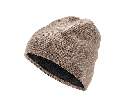Braune Strickmütze.