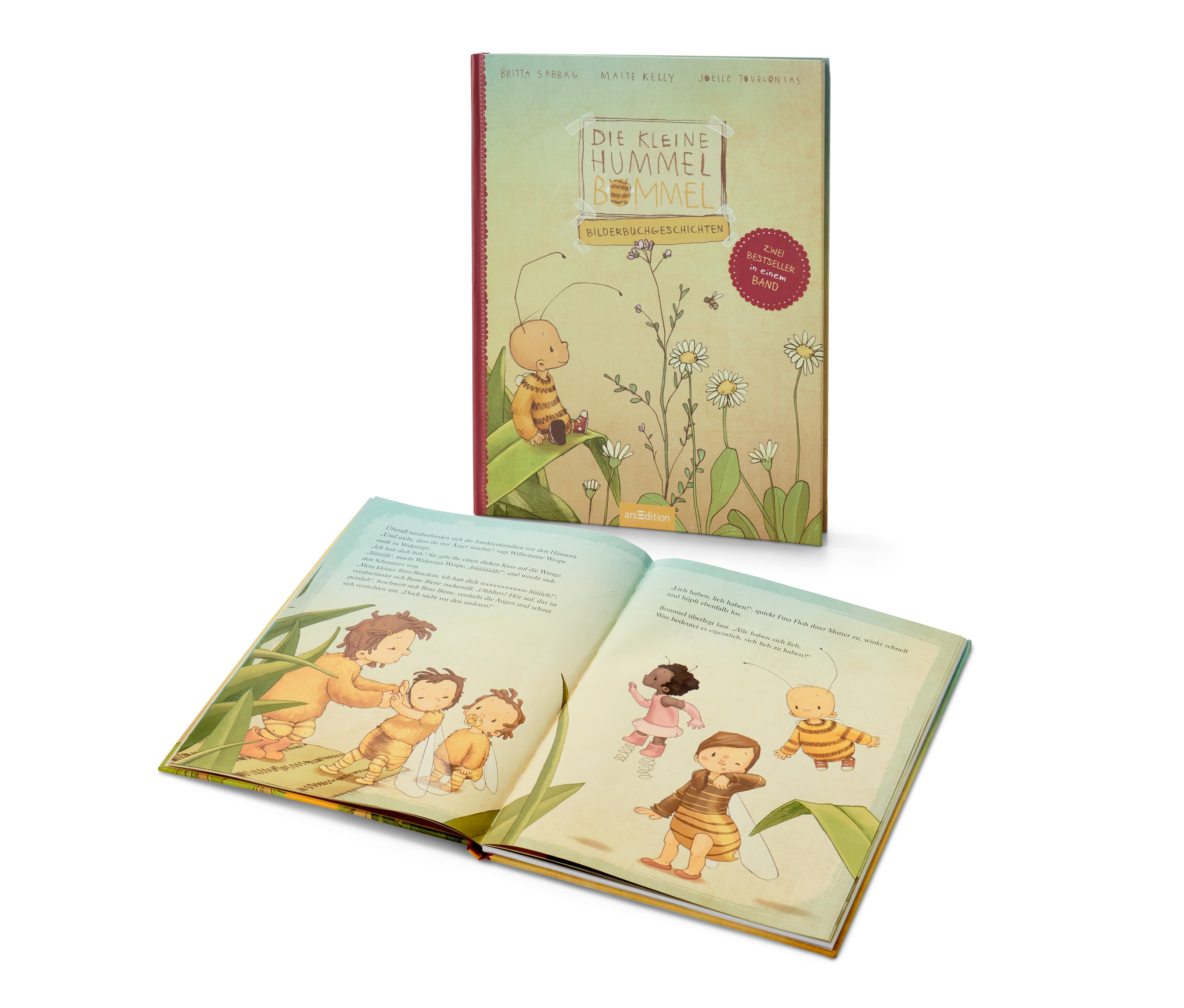 Ein geöffnetes Buch mit Illustrationen und dahinter das Buch "Die kleine Hummel Bommel – Bilderbuchgeschichten".