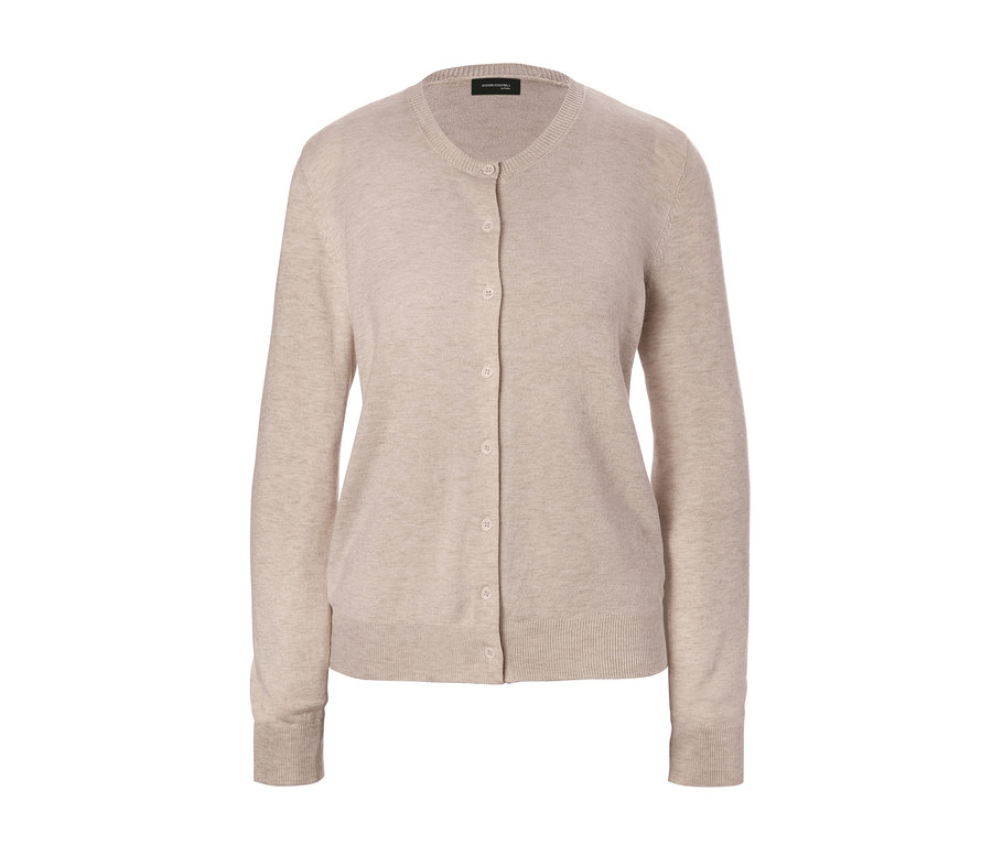 Beige Feinstrickjacke mit Knöpfen.