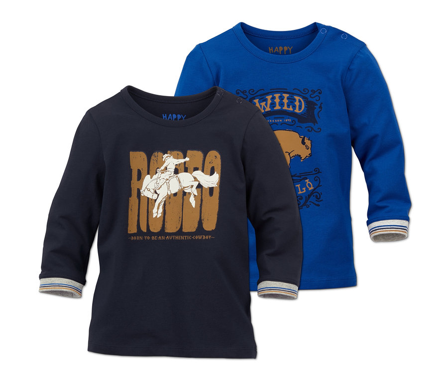 Zwei Langarmshirts: Dunkelblau mit Reiter auf Pferd und blau mit Bison.