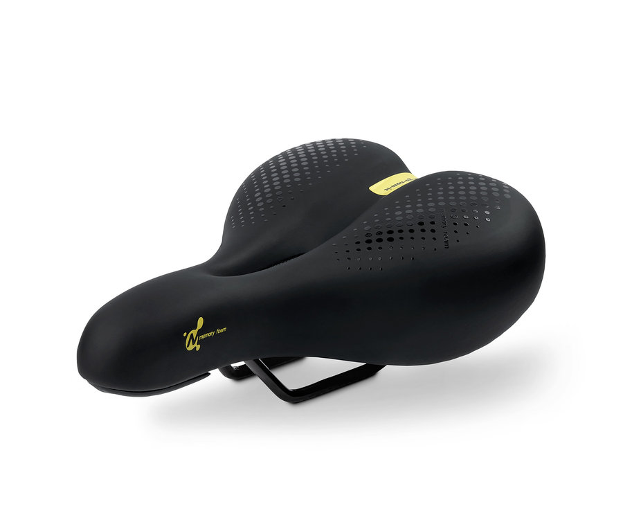 Schwarzer Fahrradsattel mit Memory-Foam auf weißem Hintergrund.