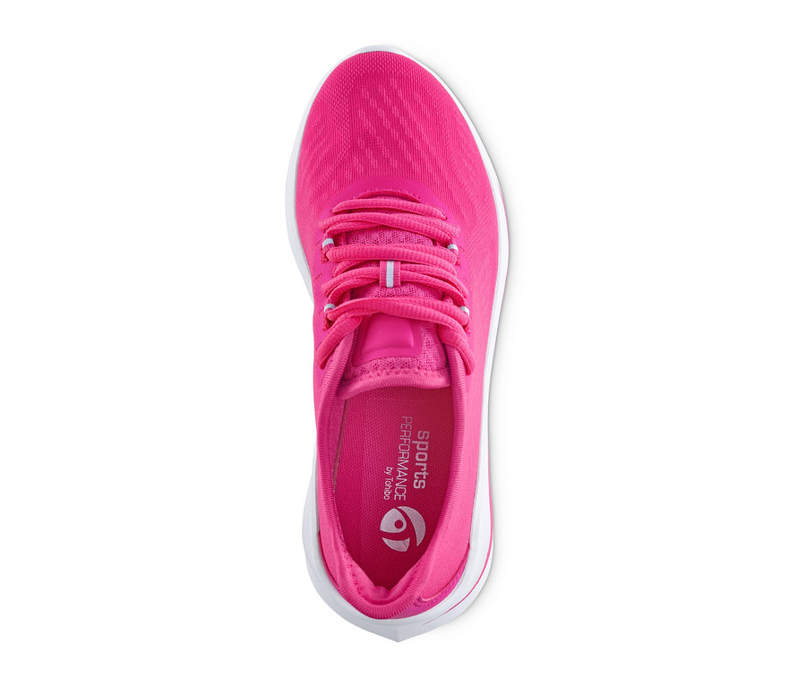 Detailansicht von oben eines pinken Sneakers mit weißer Sohle.