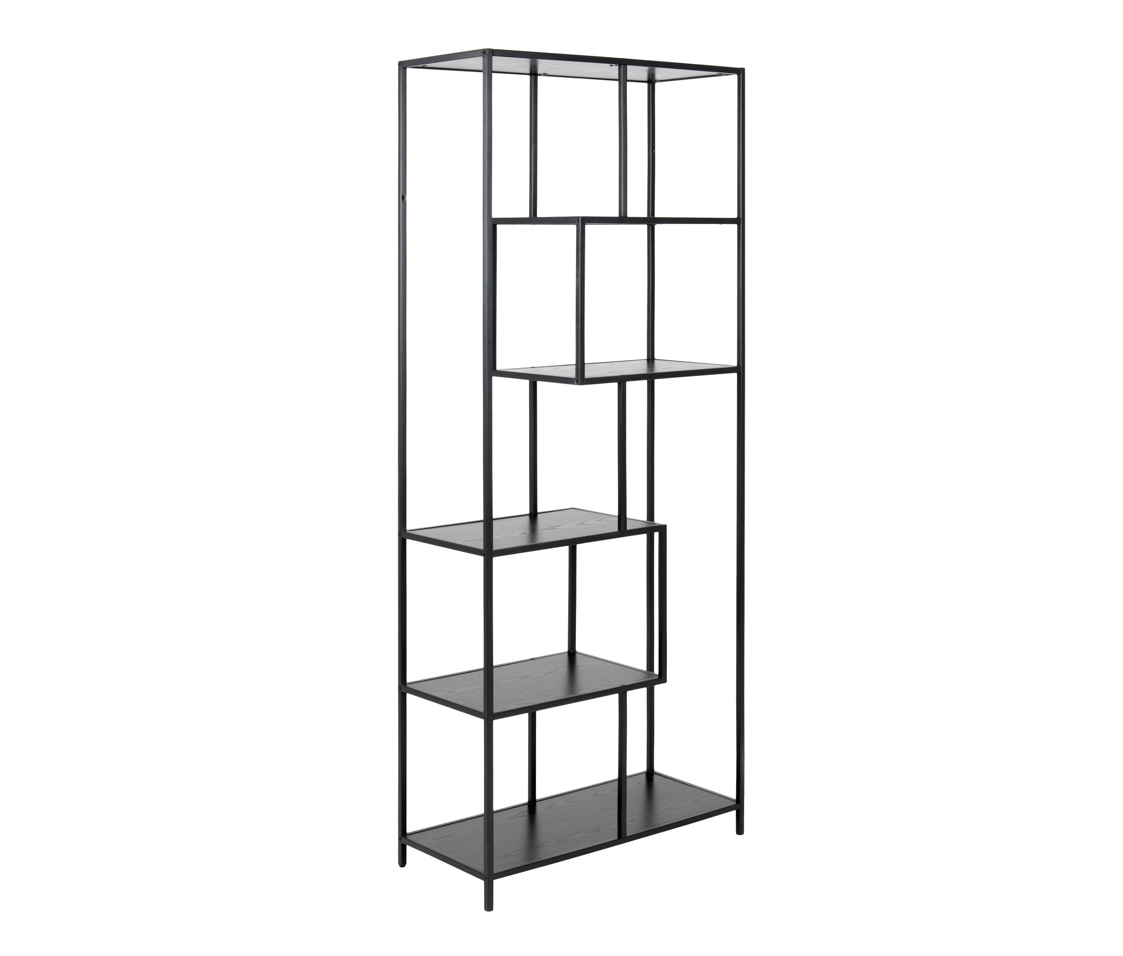 Schwarzes Bücherregal mit Metallrahmen und Holzregalen.