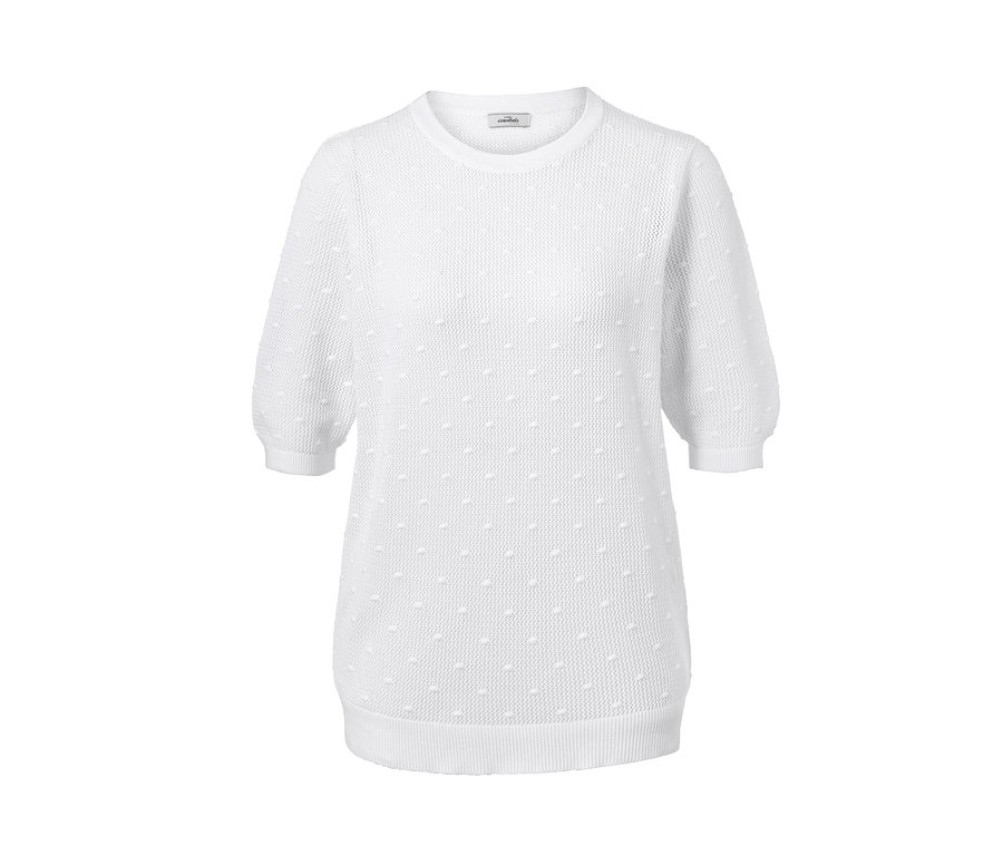 Weißer, sommerlicher Strickpullover mit kurzen Ärmeln.