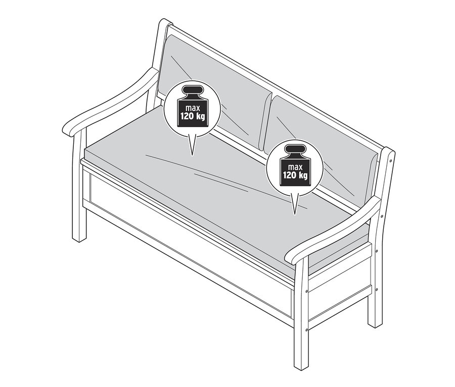 Illustration einer hölzernen Gartenbank mit grauen Kissen und zwei Markierungen mit einem maximalen Gewicht von 120 kg.