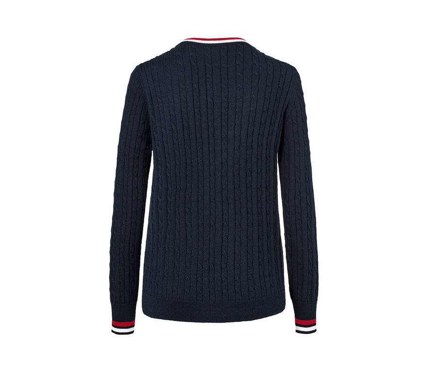 Blauer Feinstrickcardigan mit Zopfmuster.