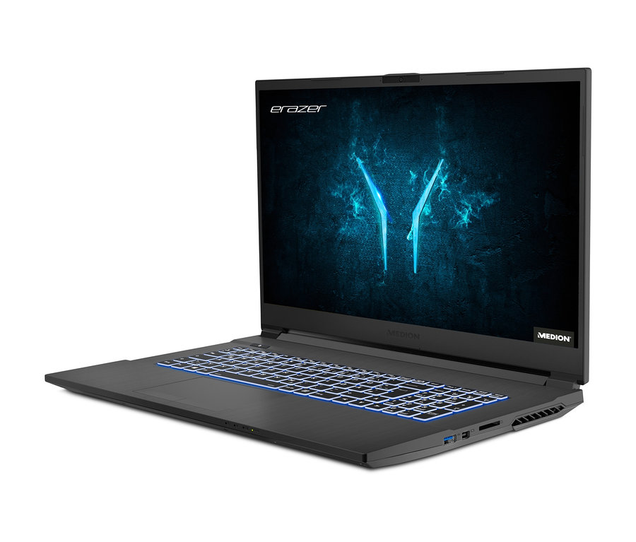Das schwarze MEDION® ERAZER® »Defender P10« Gaming-Notebook ist geöffnet und zeigt ein blaues Logo auf dem Bildschirm.