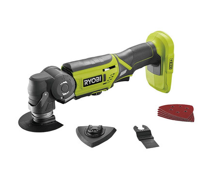Nahaufnahme eines Ryobi 18 V One+ Akku-Multitools »R18MT-0« (ohne Akku und Ladegerät) mit verschiedenen Aufsätzen.