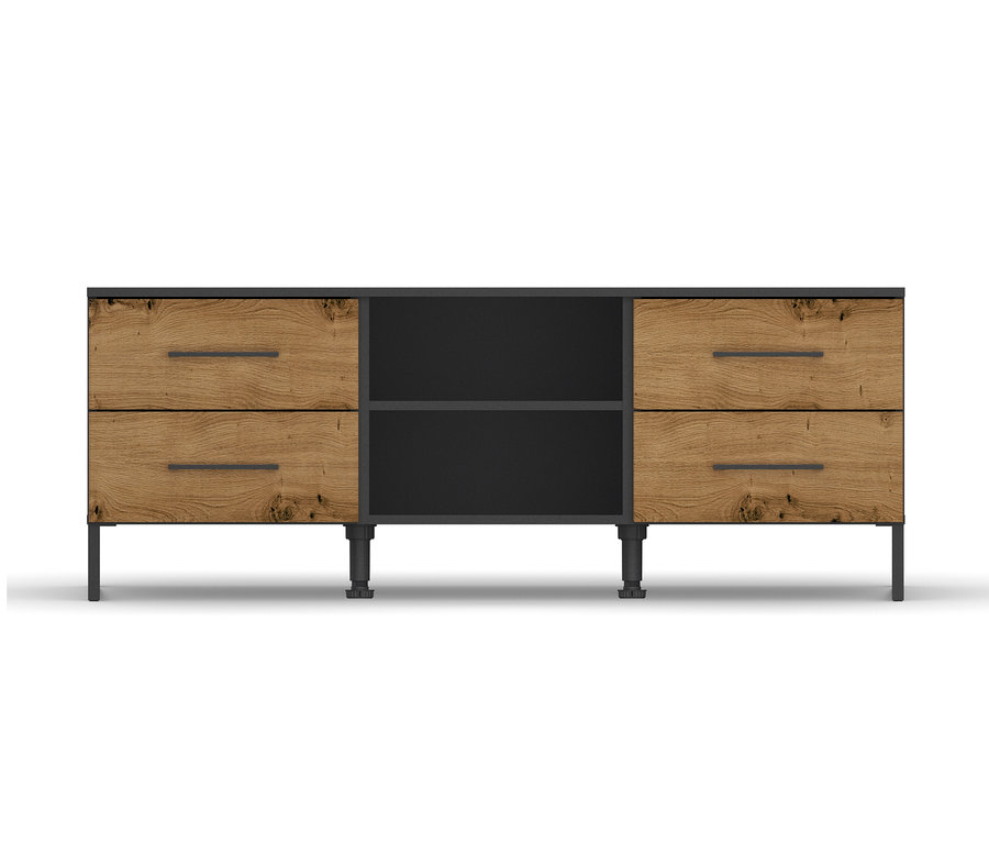 Detailansicht des rauch Sideboards »Butte« mit Holzschubladen und schwarzen Regalen.