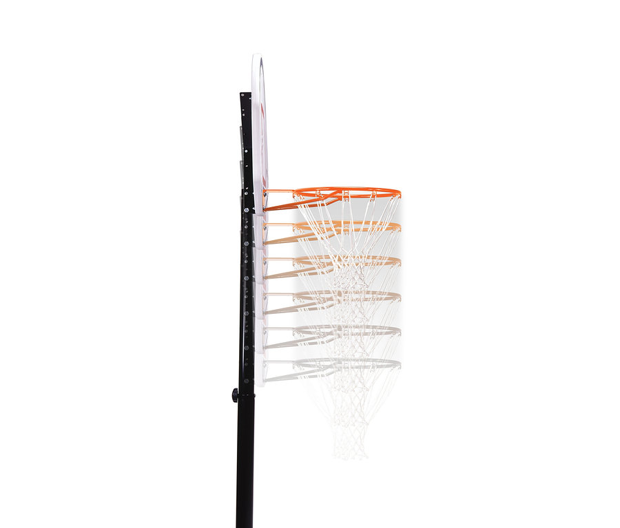Seitenansicht des LIFETIME Basketballständers »Miami« mit orangefarbenem Korb und weißem Netz.