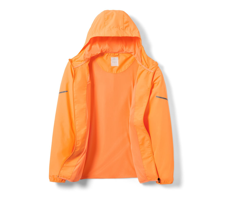 Geöffnete, neonorange Windprotection-Jacke mit Kapuze.
