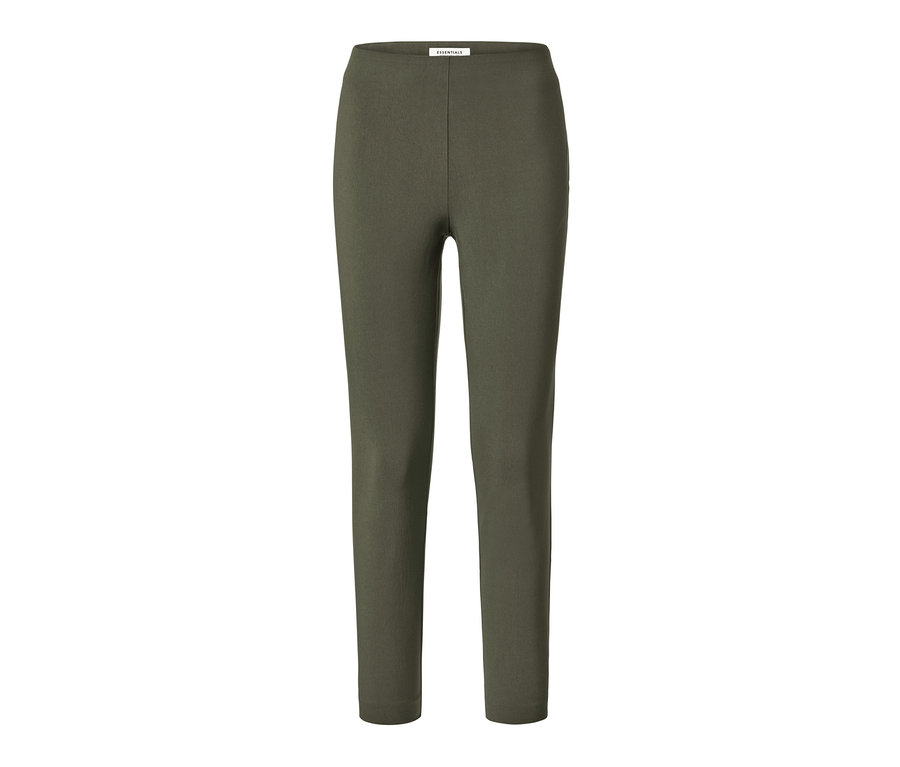 Eine olivgrüne Stretchhose vor einem weißen Hintergrund.
