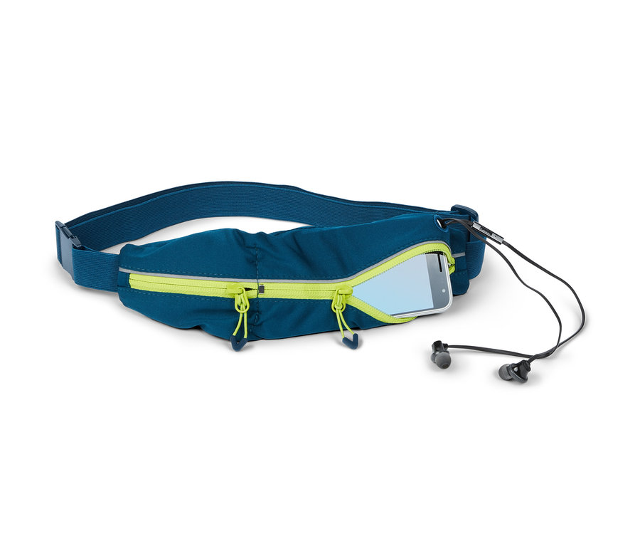 Blauer Sportgürtel mit gelbem Reißverschluss, Telefon und Kopfhörern.