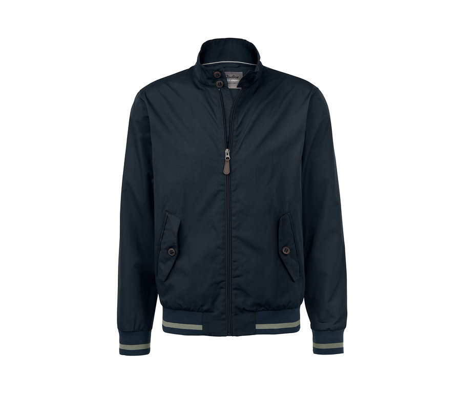 Marineblauer Blouson mit Reißverschluss, Taschen und gestreiftem Saum.