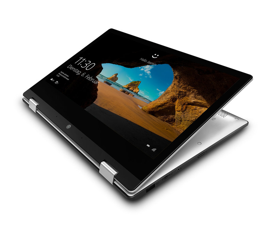 Ein schwarzes MEDION® AKOYA® E3223 Convertible-Notebook, 13,3", wird im Tablet-Modus dargestellt.