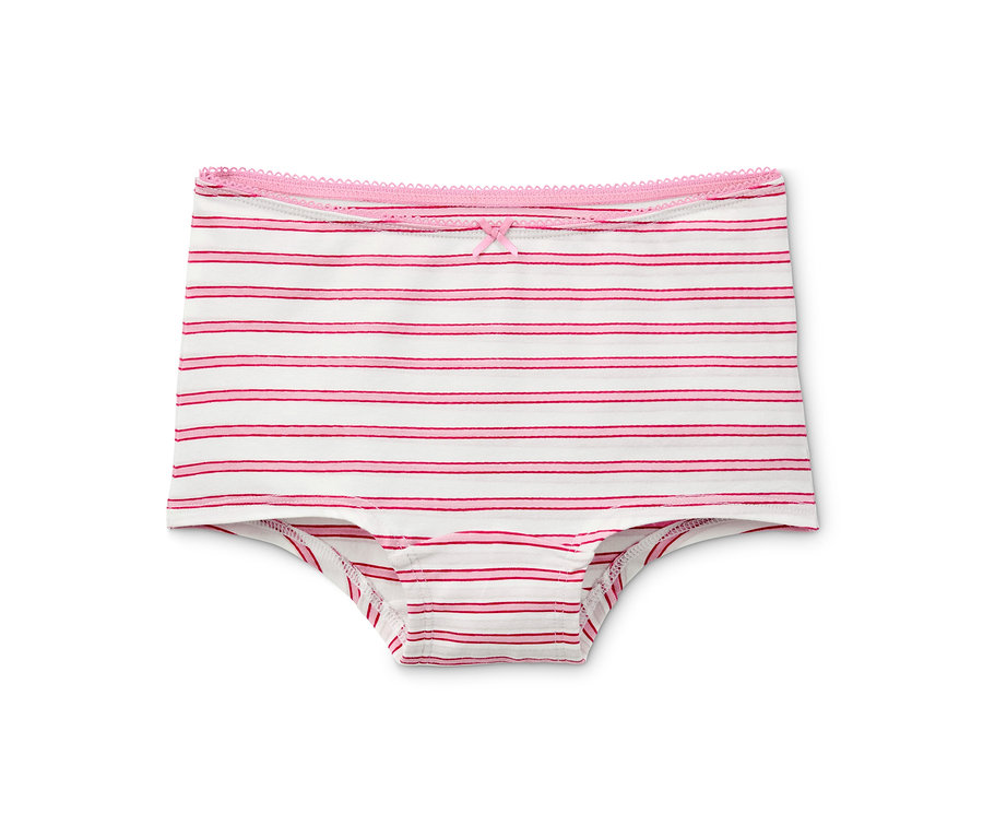 Ein einzelner Mädchen-Bio-Baumwoll-Slip mit rosa Streifen.