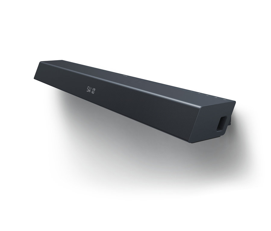 Ein schwarzer Philips Soundbar 2.1 mit integriertem Subwoofer »TAB8205« vor einem weißen Hintergrund.