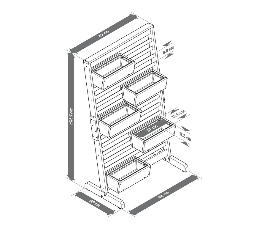 Illustration eines Vertikalbeets »Tinus« mit flexibel einhängbaren Pflanzkästen und Abmessungen.