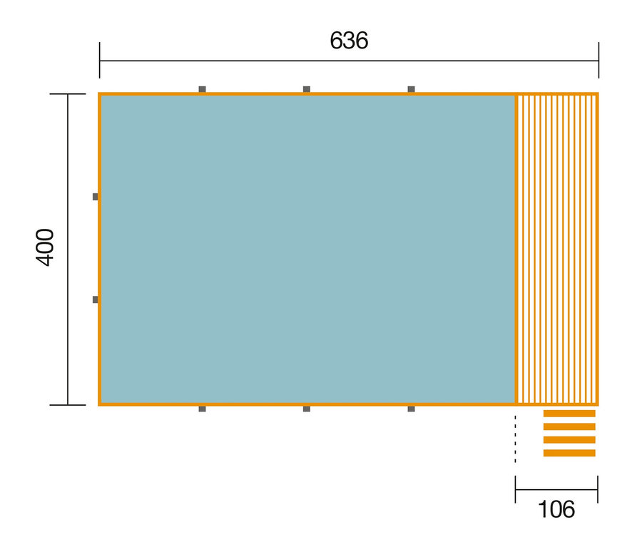 Draufsicht des WEKA Gartenpools inklusive Sonnendeck, ca. 636 x 401 cm.