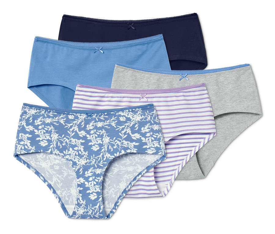 Fünf Pantys in verschiedenen Farben und Mustern.