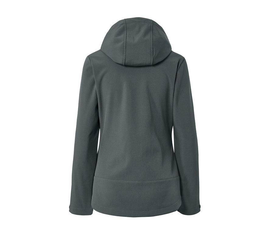 Rückansicht einer dunkelgrünen Softshell-Jacke.