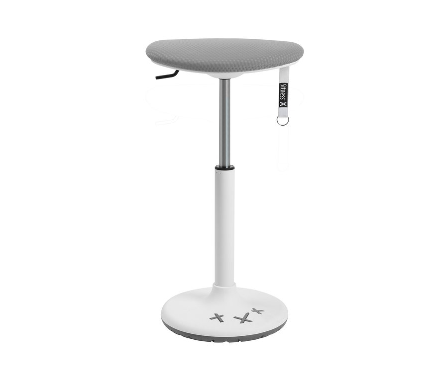 Grauer Topstar »Sitness X Stool 30« Hocker mit weißem Sockel und silberner Säule.