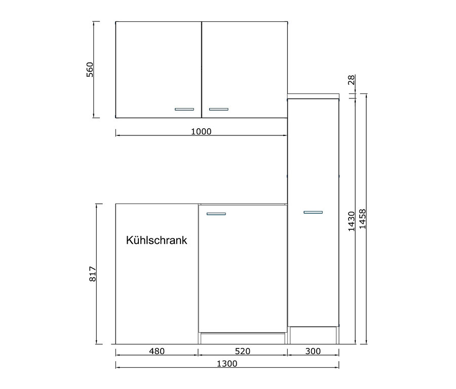 Skizze einer Respekta Miniküche mit Apothekerschrank, ca. 130 cm.
