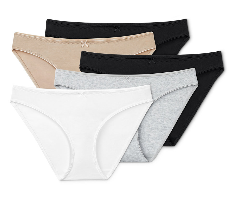 Fünf Slips in den Farben Weiß, Grau, Nude und Schwarz.