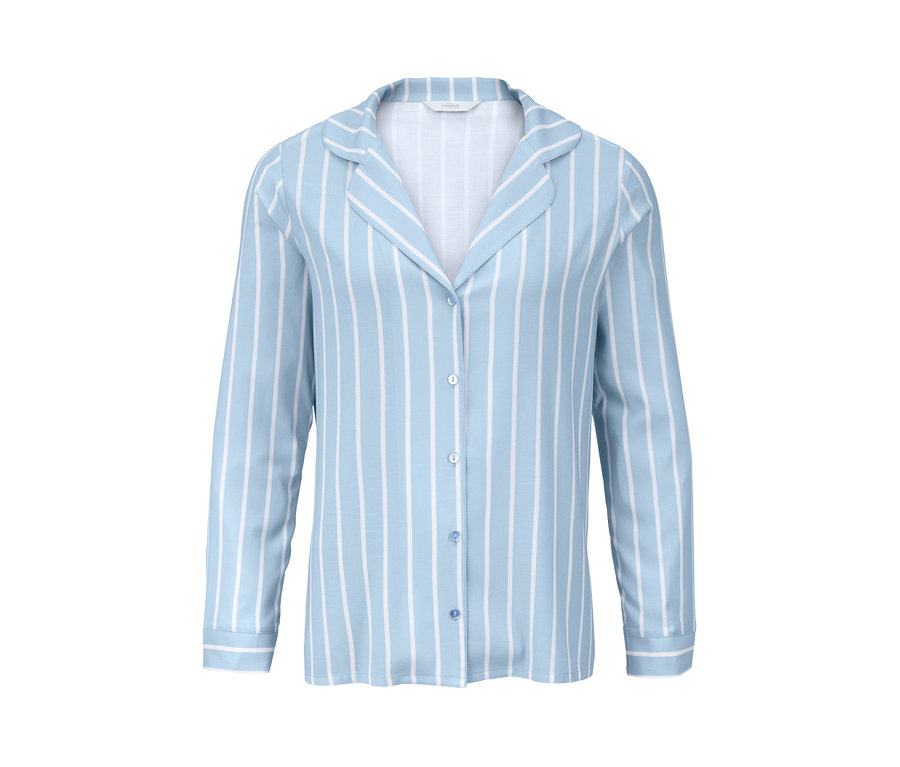 Ein blau-weiß gestreifter, langärmliger Pyjama mit Knöpfen.