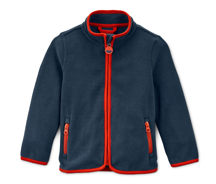 Blaue Fleecejacke aus recyceltem Material mit Reißverschluss und rotem Saum.