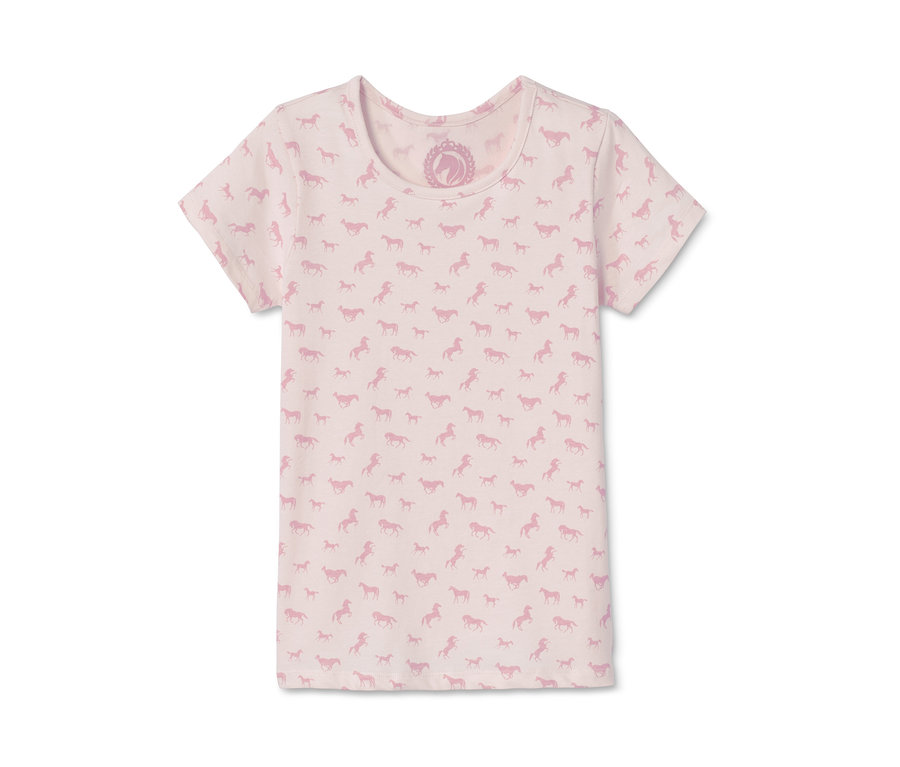 Hellrosa Kurzarm-Shirt mit Pferde-Print. 2 Shirts aus Bio-Baumwolle.
