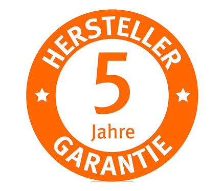 Orangefarbener Kreis mit dem Text 'HERSTELLER GARANTIE', der Zahl 5 und Sternen.