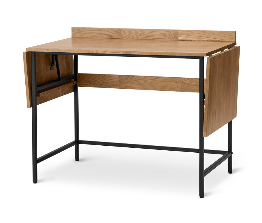 Erweiterbarer Schreibtisch aus Massivholz mit schwarzem Rahmen und zwei heruntergeklappten Seiten.