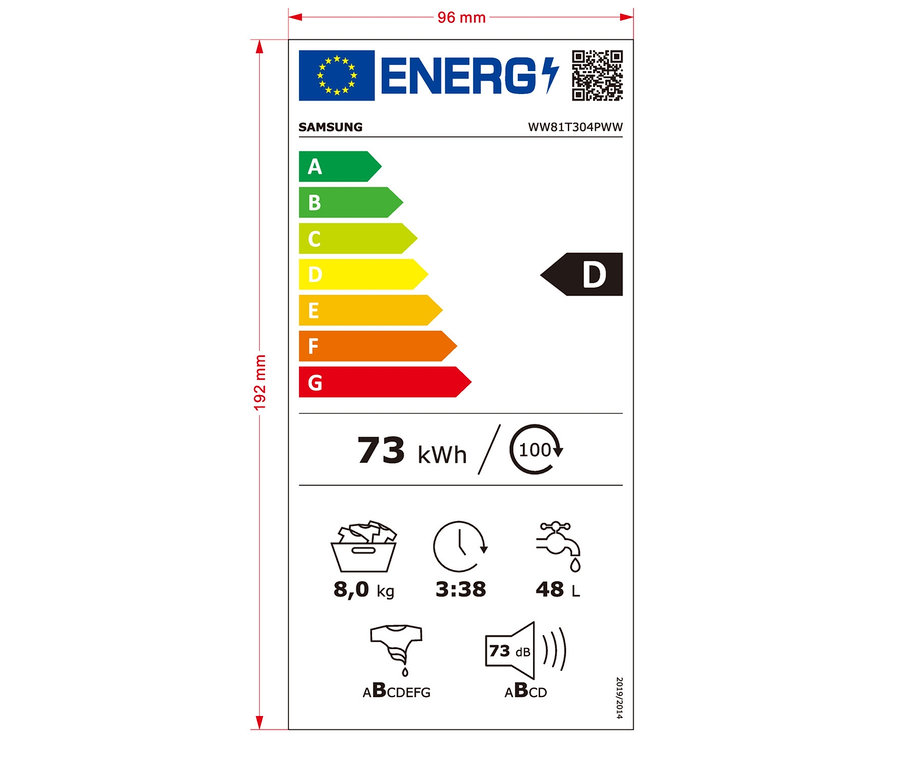 Energielabel der Samsung Waschmaschine »WW-81T304PWW/EG« mit der Klasse D, 73 kWh/100 Zyklen, 8,0 kg, 3:38, 48 L und 73 dB.
