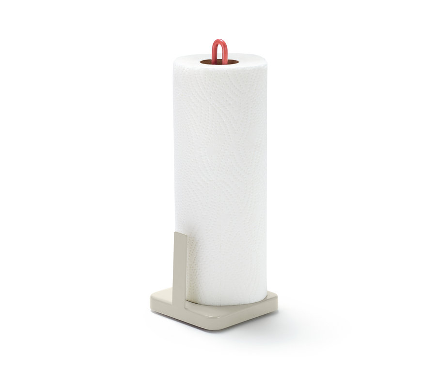 Küchenrollenhalter mit rotem Griff.