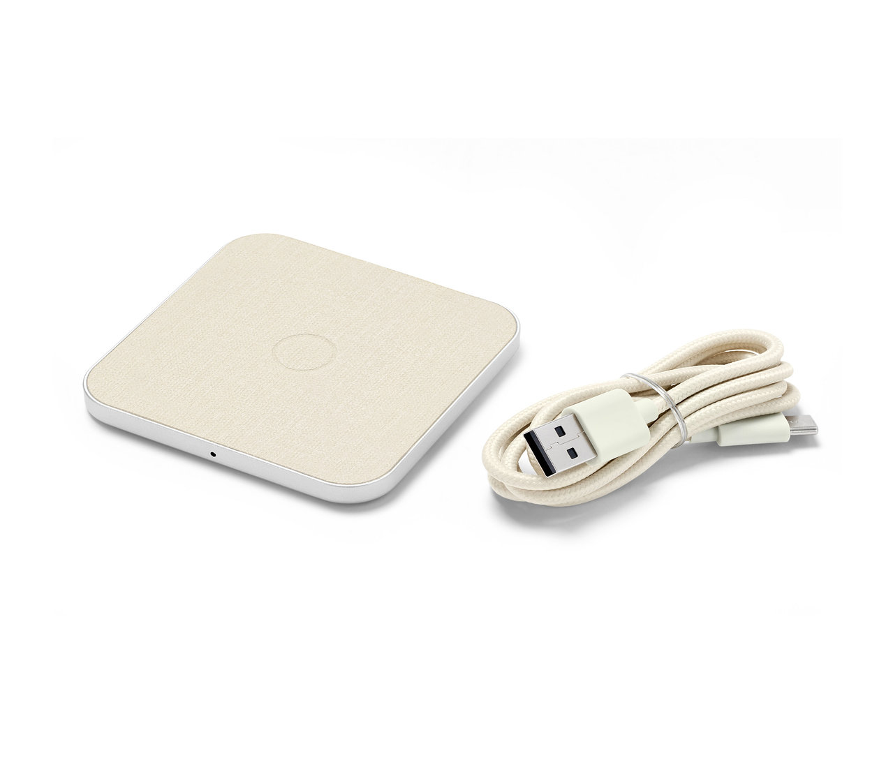 Eine graue, kabellose Ladestation mit Kabel.