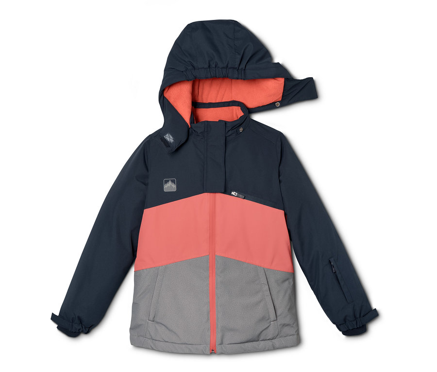Marineblau-korallefarbene Thermo-Snowboardjacke mit Kapuze.