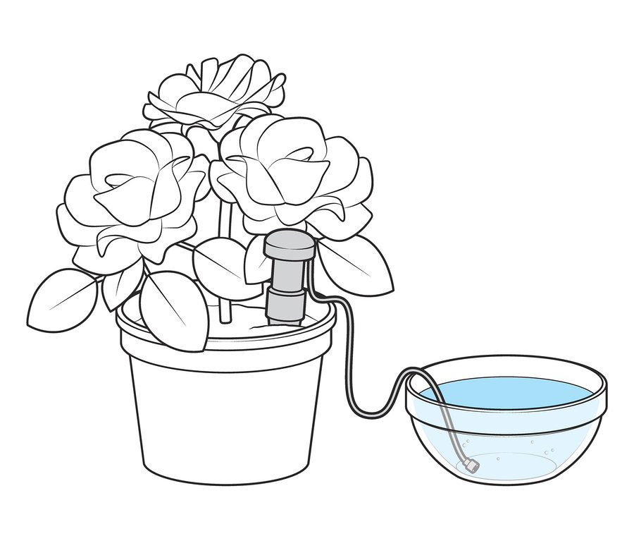 Blumentopf mit 3 Bewässerungshelfern, die mit einer Wasserschale verbunden sind.