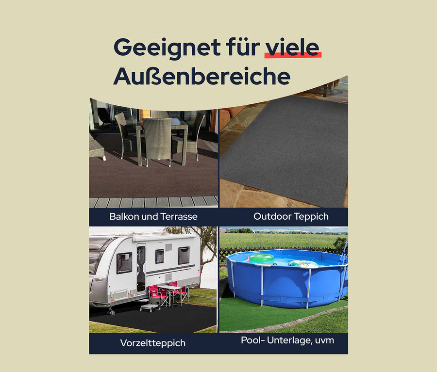 Vier Bilder zeigen die Verwendung des Primaflor Rasenteppich »COMFORT« als Terrassen-, Outdoor-, Vorzelt- und Poolunterlage.