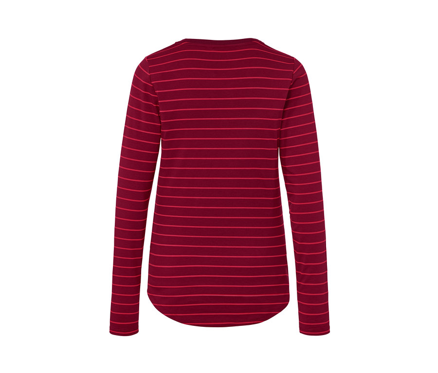 Rückansicht eines Langarm-Sportshirts. Das bordeauxrote Shirt hat dünne horizontale Streifen.