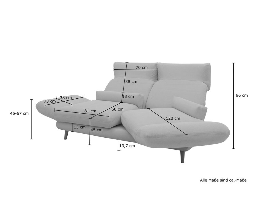 Abmessungen des Domo Collection 2-Sitzer-Sofas »Malaga« sind mit Linien und Zahlen dargestellt.