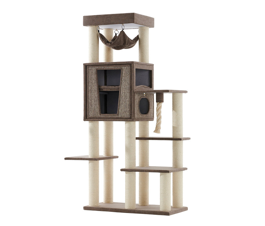 Mehrstufiger brauner Kratzbaum »KASIL« mit Hängematte und überdachtem Würfel.