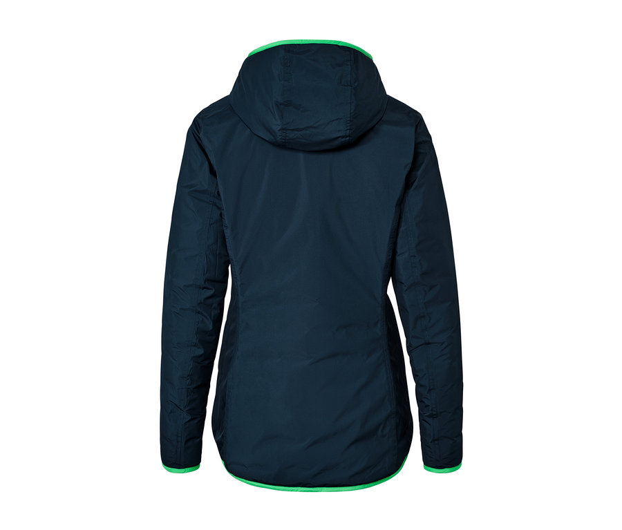 Rückansicht der wasserdichten Wende-Steppjacke, grün mit Kapuze.