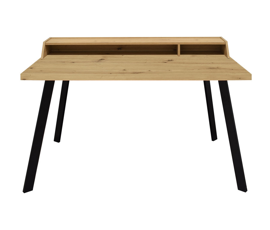Schreibtisch mit heller Holzplatte und schwarzen Beinen.
