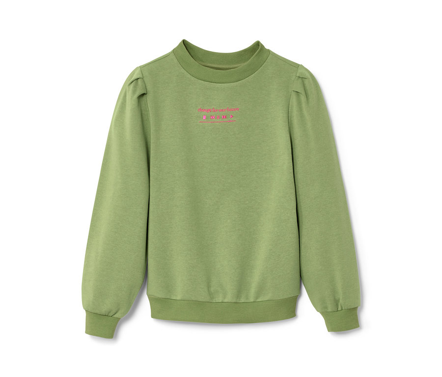 Ein grünes Kinder-Cropped-Sweatshirt liegt auf einem weißen Hintergrund.