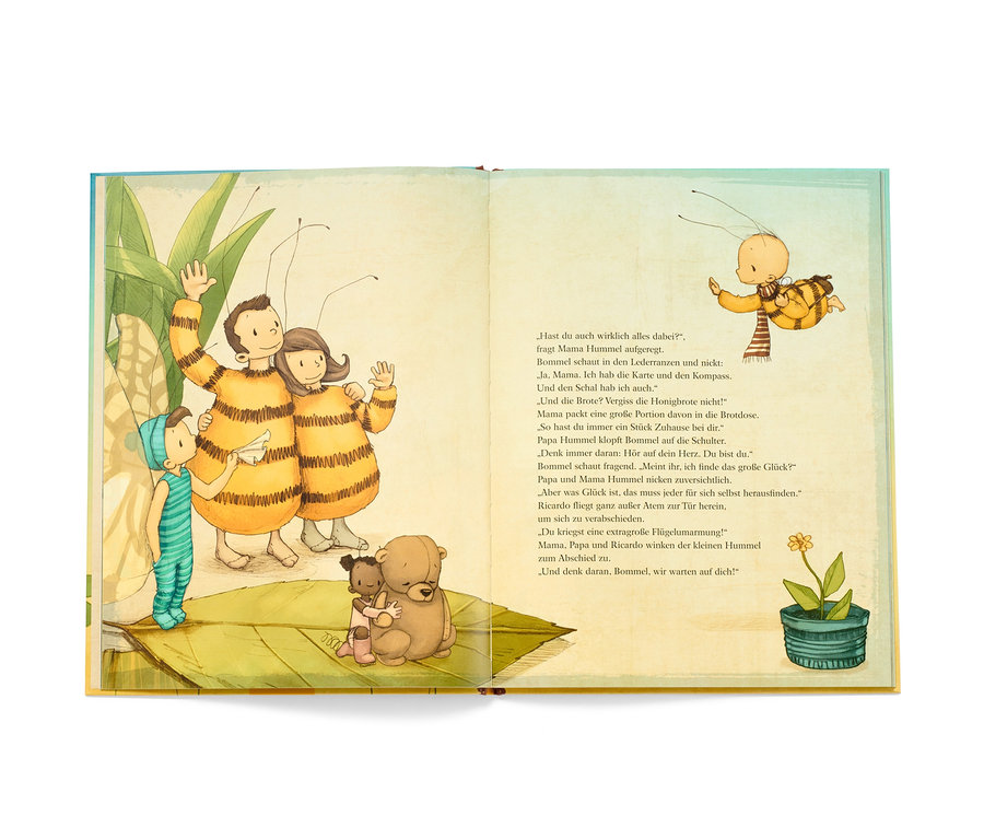 Illustration aus dem Buch »Die kleine Hummel Bommel – neue Bilderbuchgeschichten«: Familie in Bienenkostümen verabschiedet sich von einem Kind.